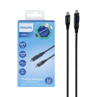 کابل شارژ PD و فست USB-C به USB-C فیلیپس 240W مدل DLC4583C طول 2 متر