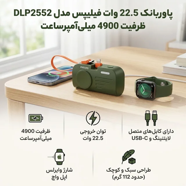پاوربانک 12 وات فیلیپس مدل DLP2552 ظرفیت 4900 میلی‌آمپرساعت 102367957