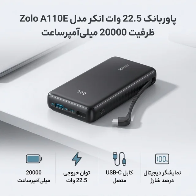 پاوربانک 22.5 وات انکر مدل Zolo A110E ظرفیت 20000 میلیآمپرساعت 102425653